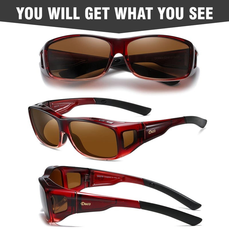 DUCO Polarized Wraparound Fitover Glasses Wear Over Sunglasses for Men Women UV Protection Sun Glasses 8954 (Wine Red Frame Brown Lens) - Image 3